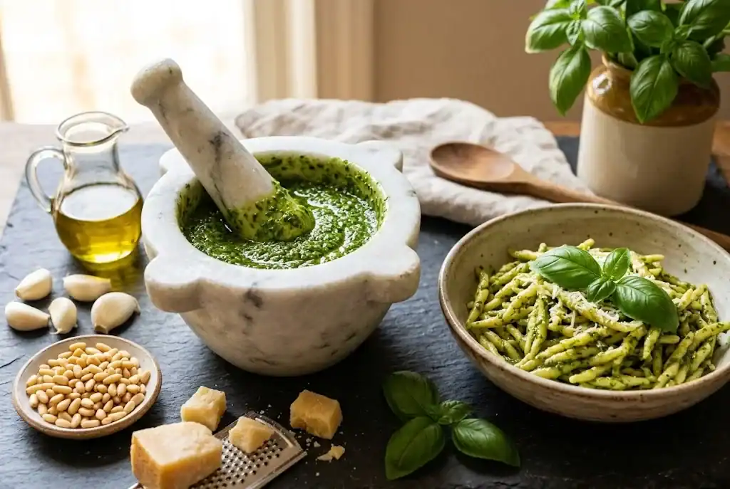 Freshly ground emerald green basil pesto in a marble mortar beside garlic cloves, toasted pine nuts, and warm pasta
