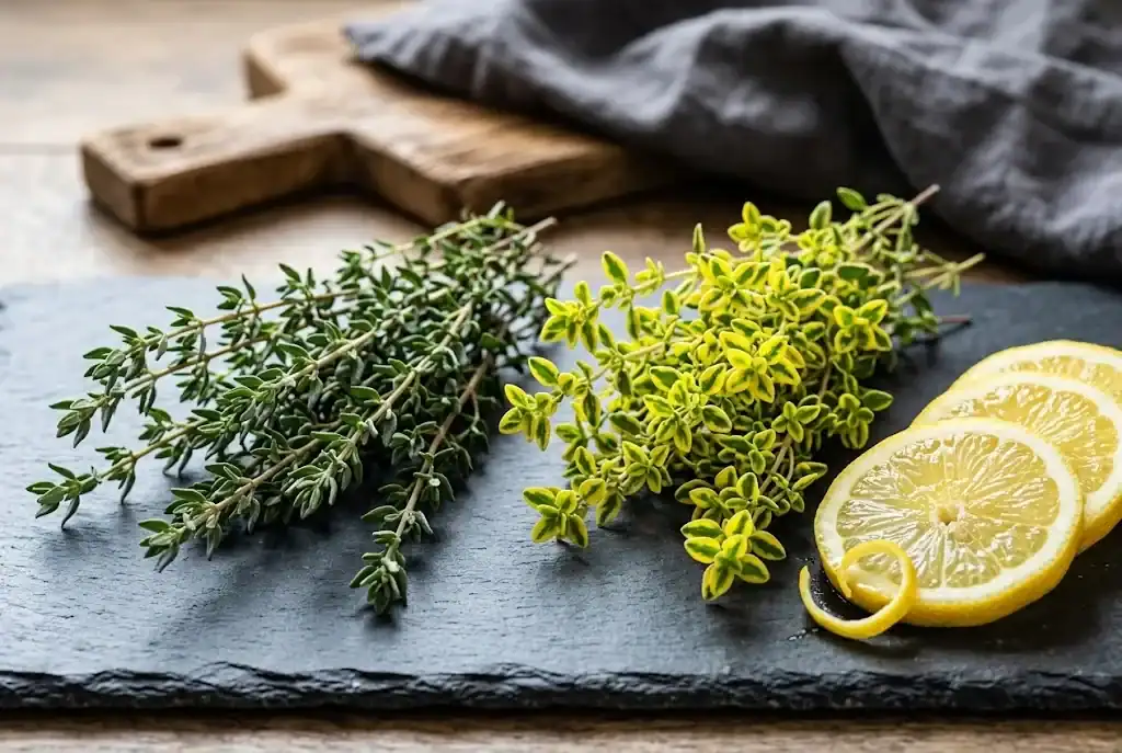 Fresh common English garden thyme and citrus lemon thyme displayed with lemon slices on a dark slate board