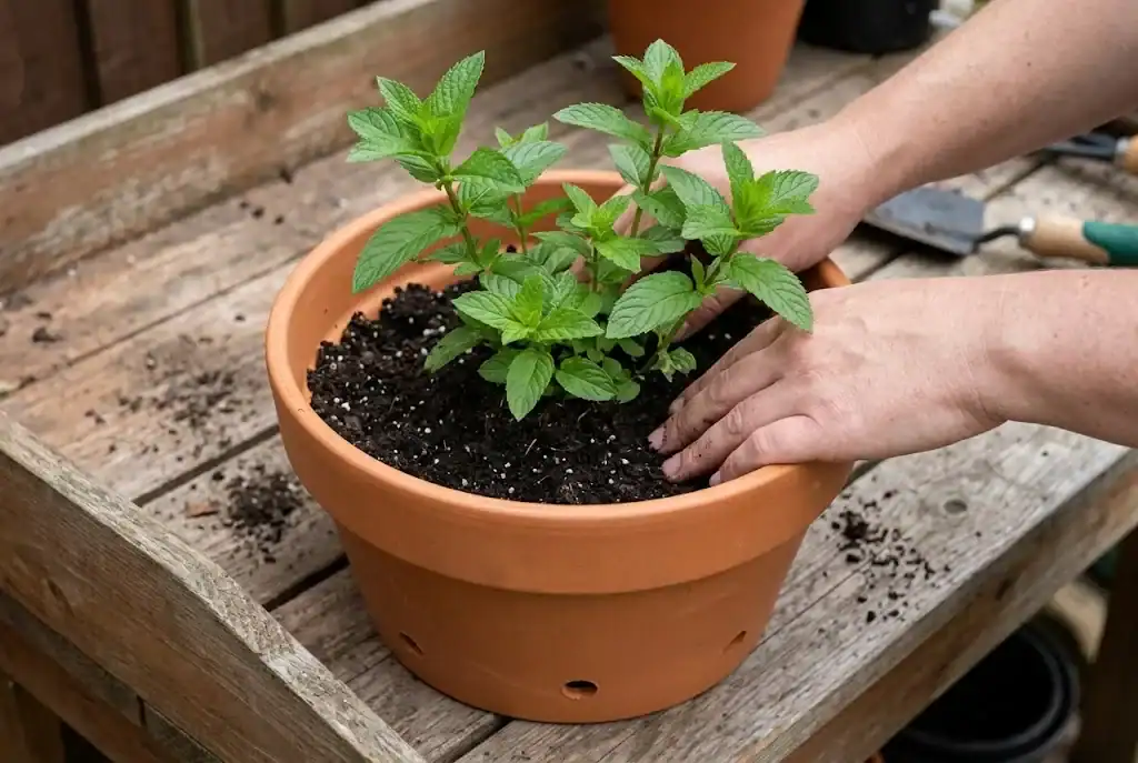 A spearmint transplant planted in a terracotta pot with drainage holes on a wooden bench