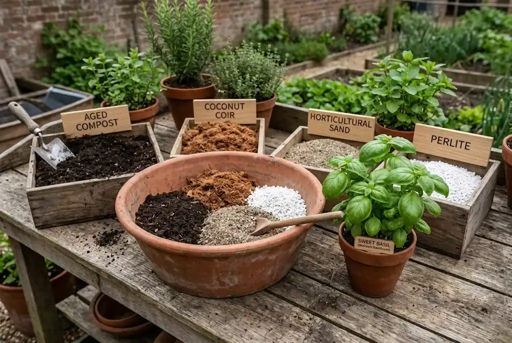 Potting bench with wooden bins of compost, coconut coir, horticultural sand, and perlite beside a terracotta bowl and potted basil