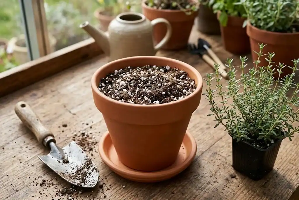 Terracotta and ceramic herb pots with drainage holes filled with lightweight perlite potting mix