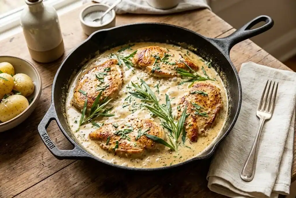 Skillet creamy tarragon chicken cutlets simmering in white wine and Dijon mustard pan sauce with fresh tarragon leaves