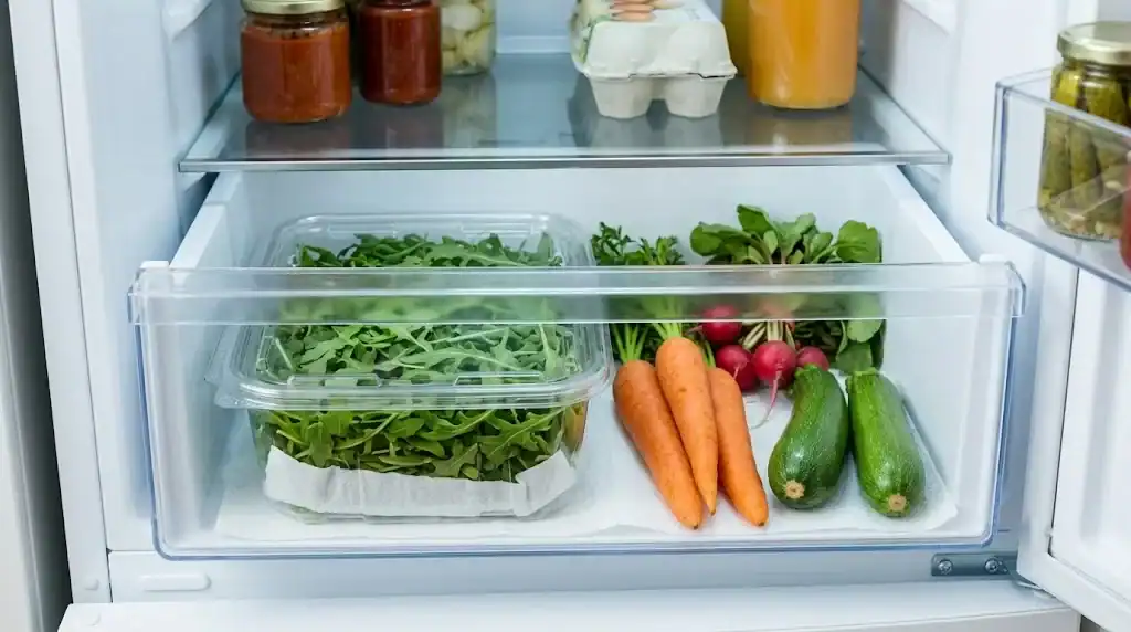 An open refrigerator crisper drawer holding a sealed container of towel-lined arugula beside whole vegetables