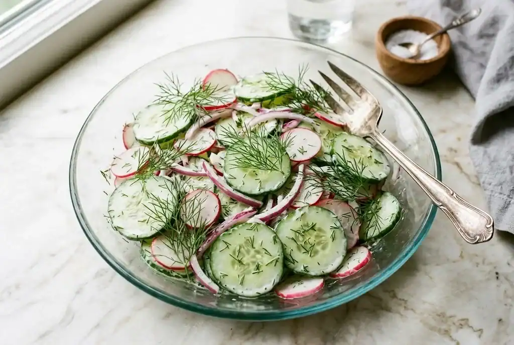 A clear glass serving bowl of crisp thinly sliced cucumbers, red onion, and radishes tossed in a light sour cream dressing with fresh dill fronds