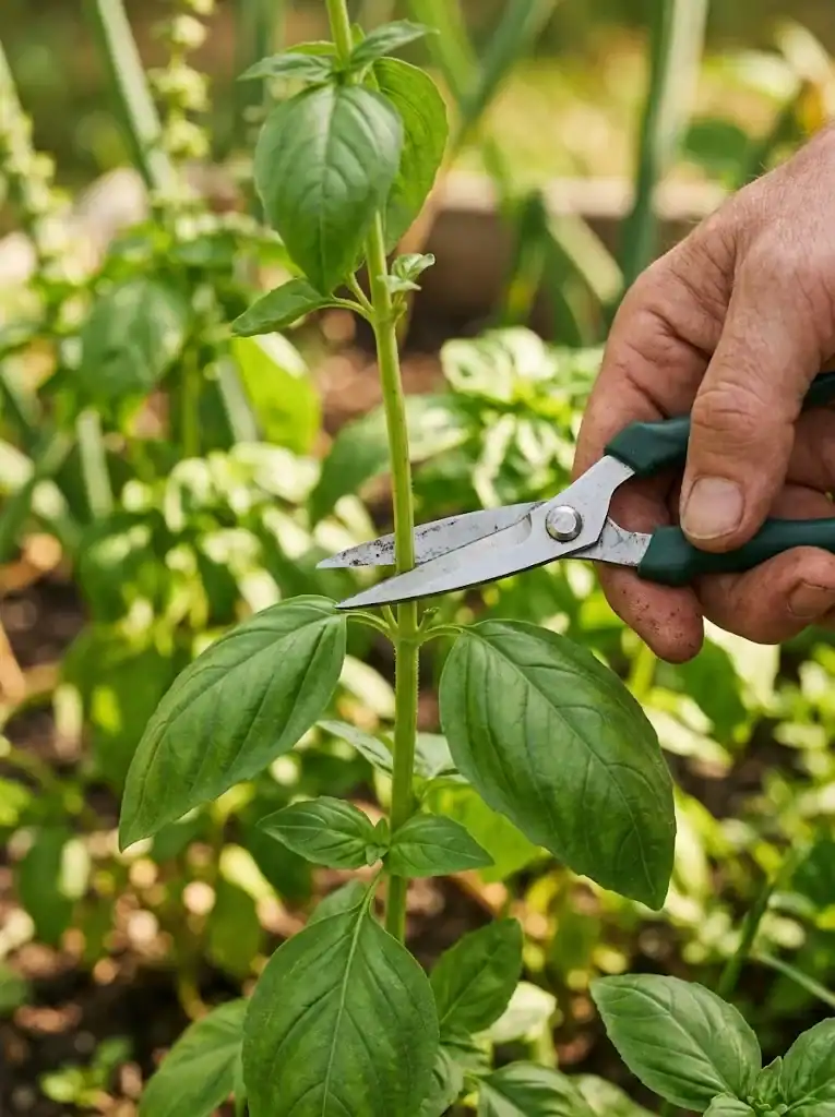 Garden snips cutting a basil stem just above opposite leaves