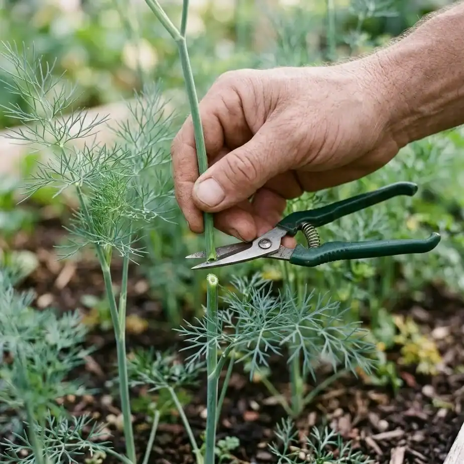 Gardener cutting a single dill stem with sharp garden snips above a set of side leaves