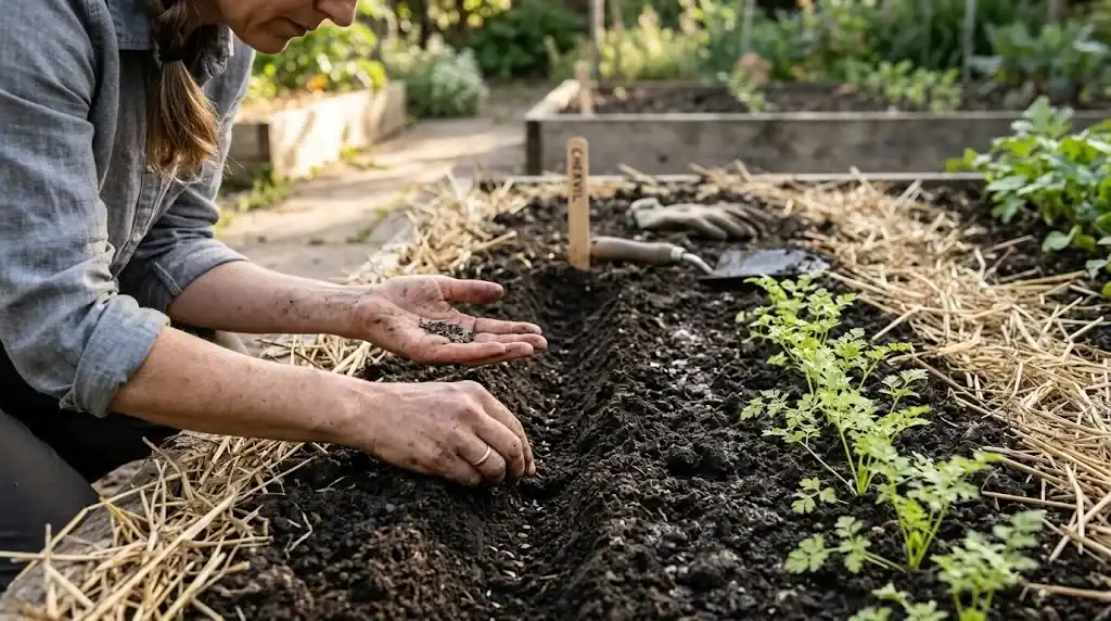 Hand direct-sowing chervil seeds in a shallow furrow in a partly shaded bed