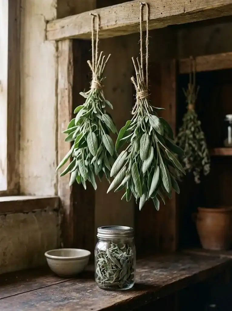 Small bundles of culinary sage hanging to air dry beside a jar of whole dried leaves