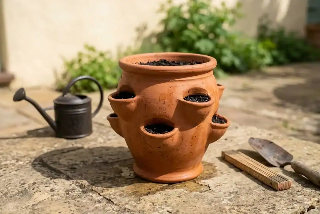 Empty terracotta strawberry pot on a stone surface beside a watering can and trowel