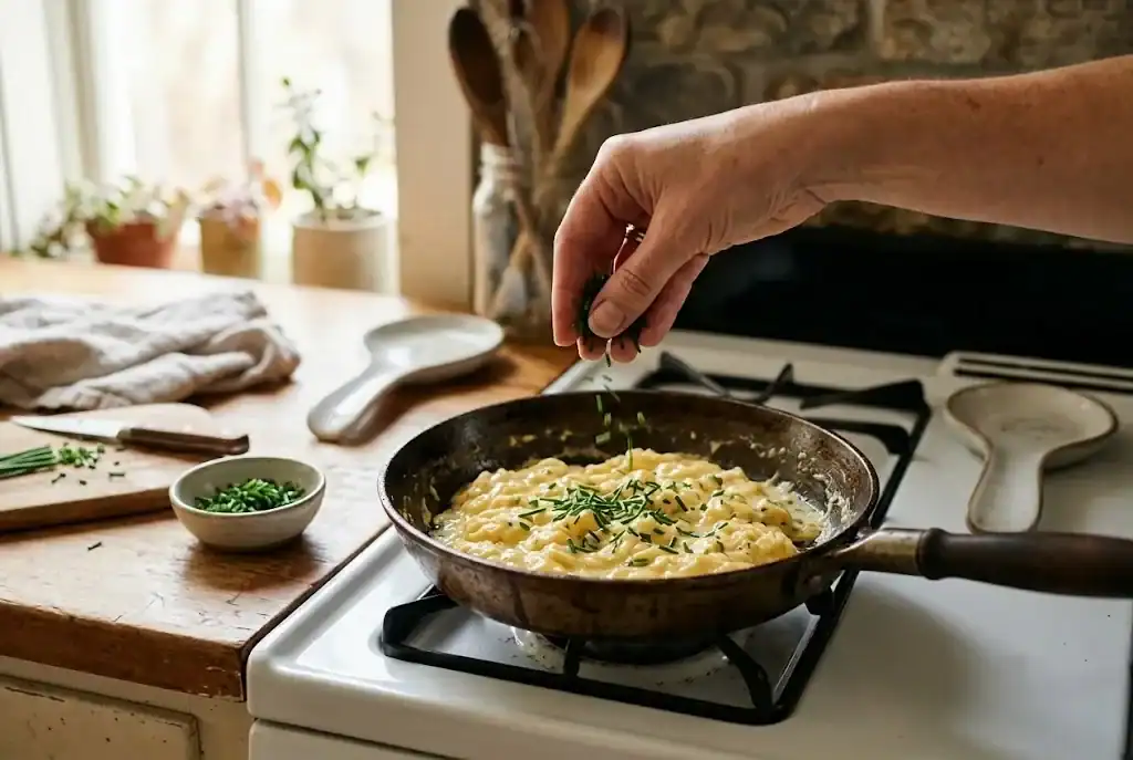 A hand scattering chopped chives over soft scrambled eggs in a skillet