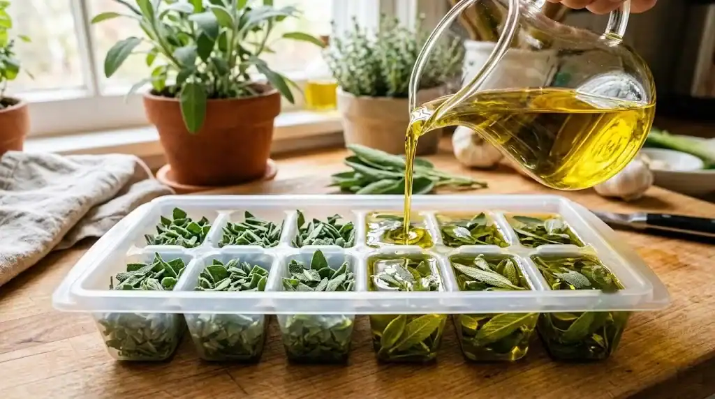 Finely chopped fresh sage leaves in an ice cube tray with golden olive oil being poured over them
