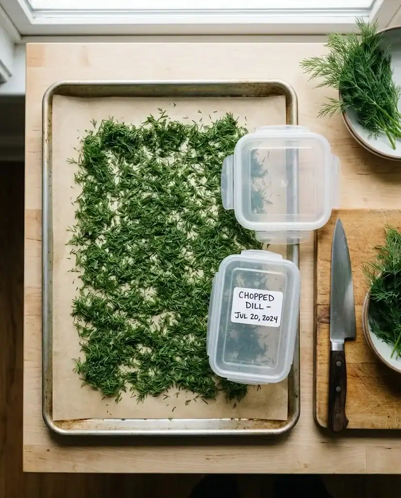 Chopped fresh dill spread on a tray beside a freezer container