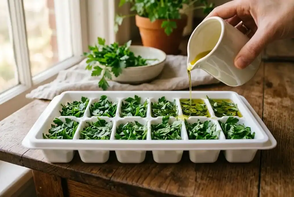 Chopped parsley packed into an ice cube tray with olive oil being poured over