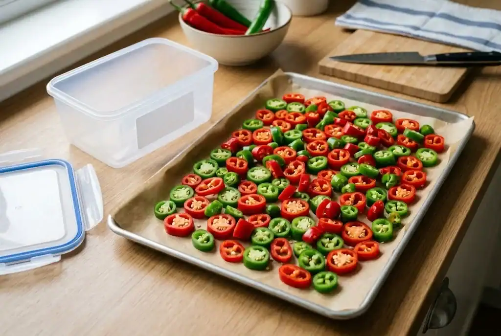 Sliced chilies on a tray beside a freezing container