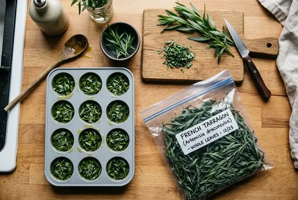 Top-down view of chopped tarragon leaves packed into an ice cube tray with olive oil, beside a freezer bag of frozen whole tarragon leaves