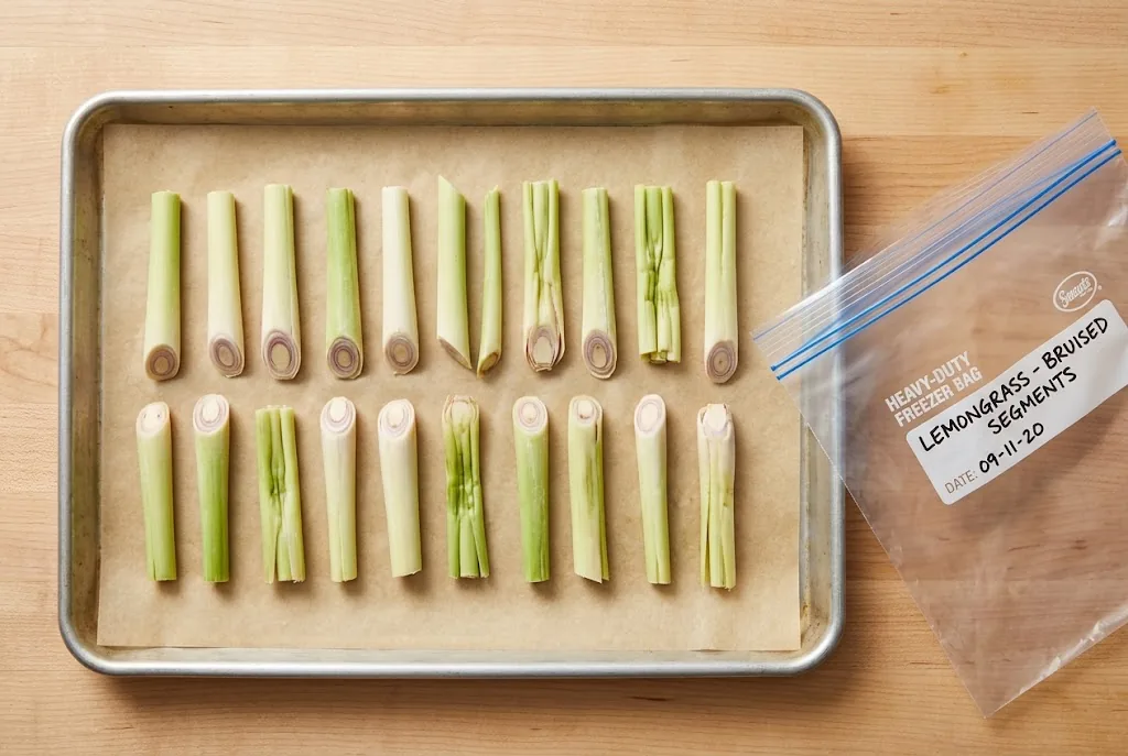 Trimmed bruised culinary lemongrass stalk segments arranged on a baking sheet for flash freezing