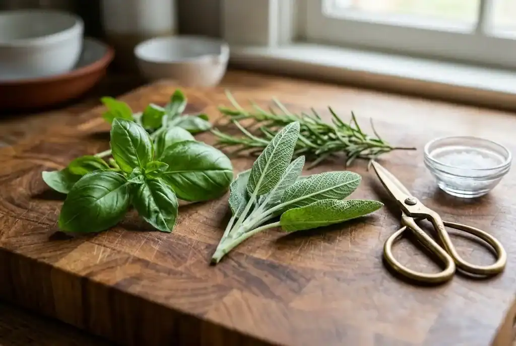 Freshly snipped sweet basil, rosemary, and culinary sage leaves on a wooden cutting board with herb shears