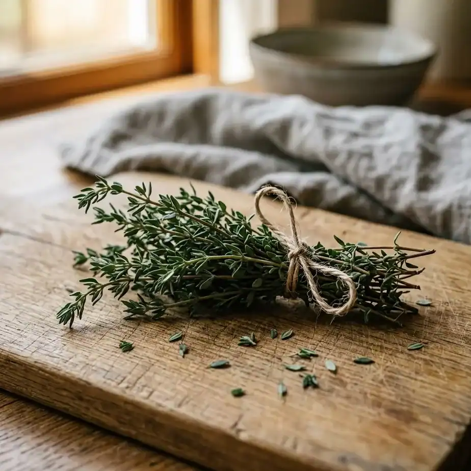 A small bundle of fresh-cut thyme sprigs tied with kitchen twine on a wooden cutting board