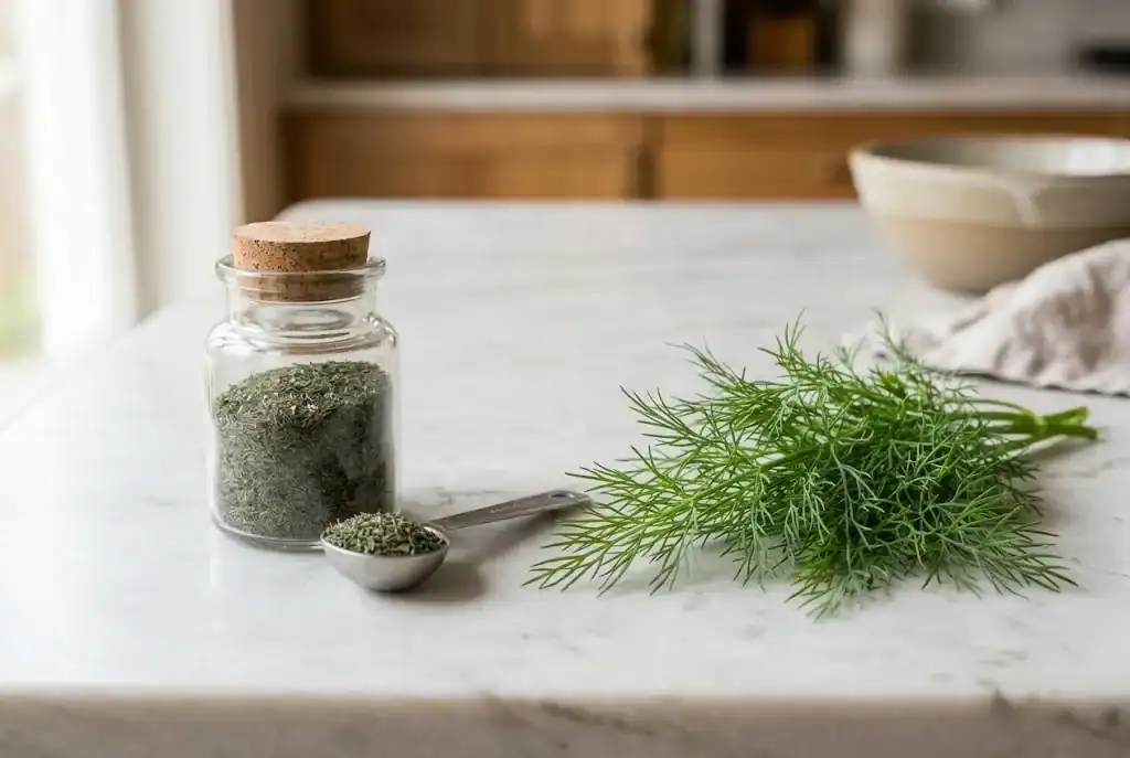 Comparison of fresh green dill sprigs and a jar of dried chopped dill weed