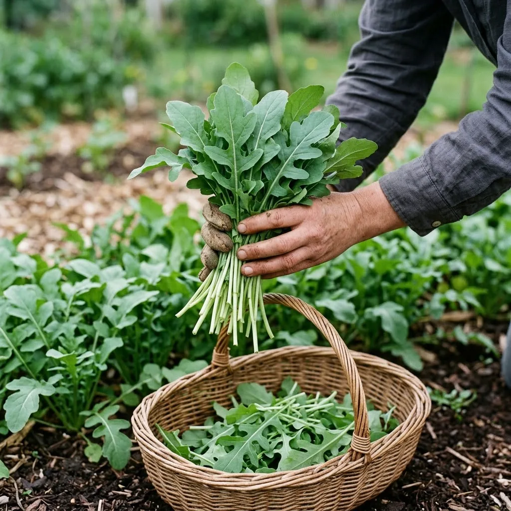 A hand holding a bundle of freshly cut arugula leaves over a wicker harvest basket in the garden