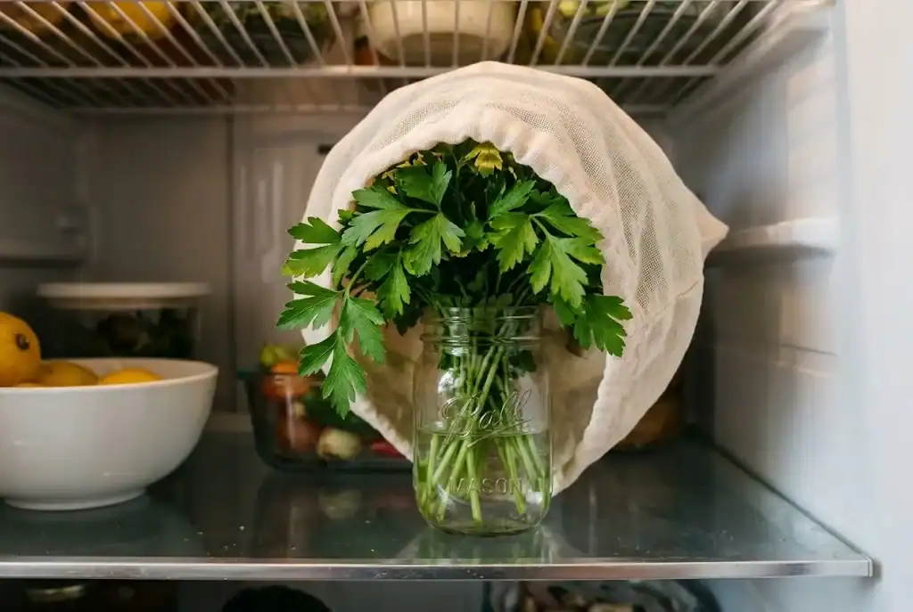 Fresh flat-leaf parsley standing stems-down in a glass jar with water on a refrigerator shelf