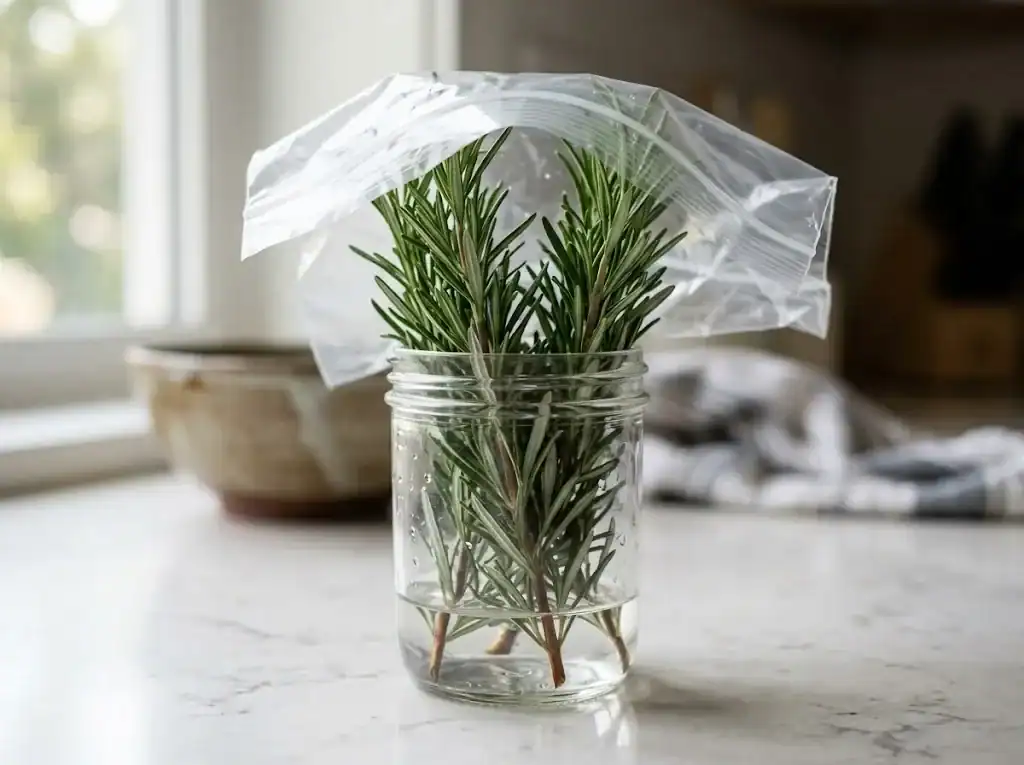 A small bunch of rosemary sprigs standing in a glass jar with water