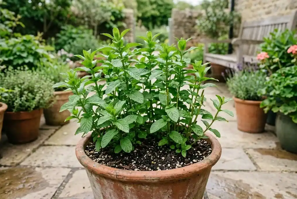 A healthy mint plant filling a terracotta pot on a stone patio beside thyme and lavender