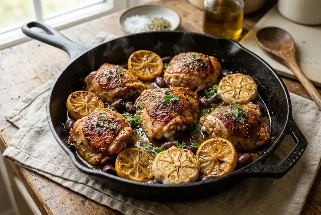 Golden seared Greek lemon oregano chicken thighs roasting in a cast iron skillet with kalamata olives