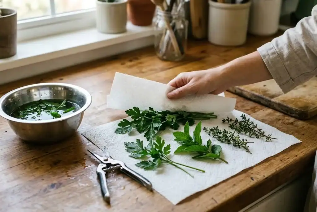 Freshly washed garden herbs being patted dry between two white paper towels on a wooden countertop