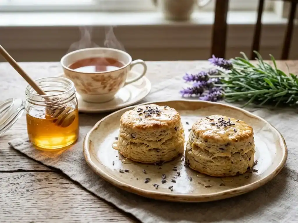 Freshly baked flaky honey lavender scones drizzled with glaze on a ceramic plate beside a jar of clover honey