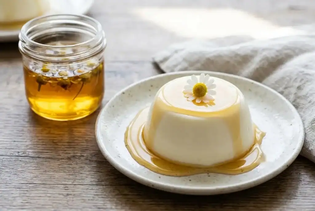 Golden honey chamomile syrup drizzled over a smooth white panna cotta garnished with an edible chamomile flower