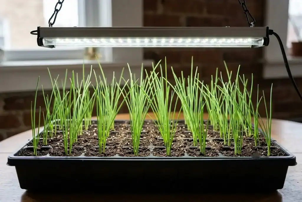 Slender chive seedlings grow indoors under a bright LED grow light