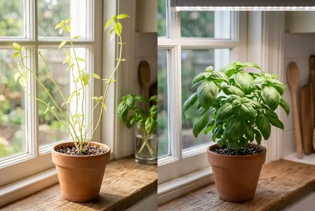 Side-by-side comparison of two basil plants, the left one leggy and pale from insufficient light and the right one compact and dark green grown under a grow light