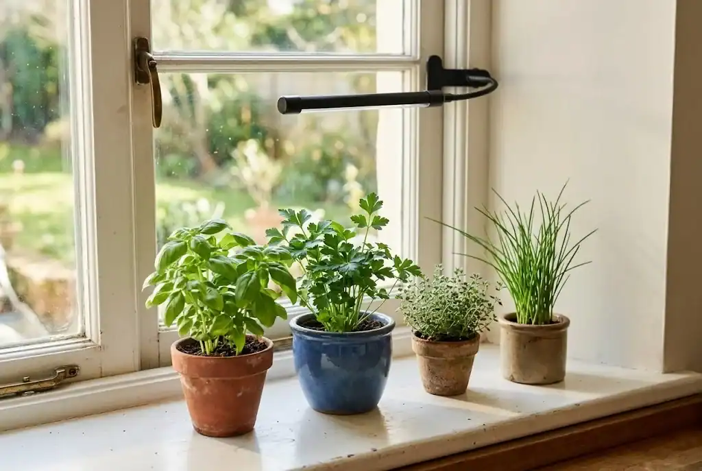 Sunlit kitchen windowsill with potted herbs and a small LED grow light mounted above