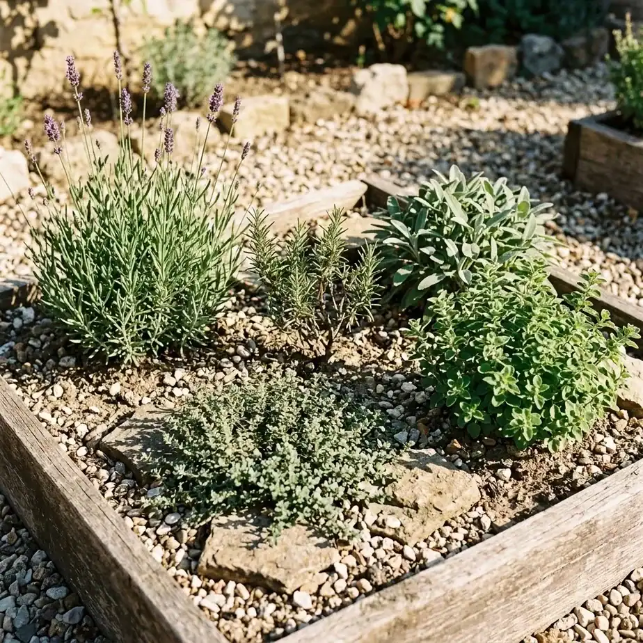 A Mediterranean herb grouping of rosemary, thyme, oregano, sage, and lavender planted together in a sun-baked raised bed with gravel mulch
