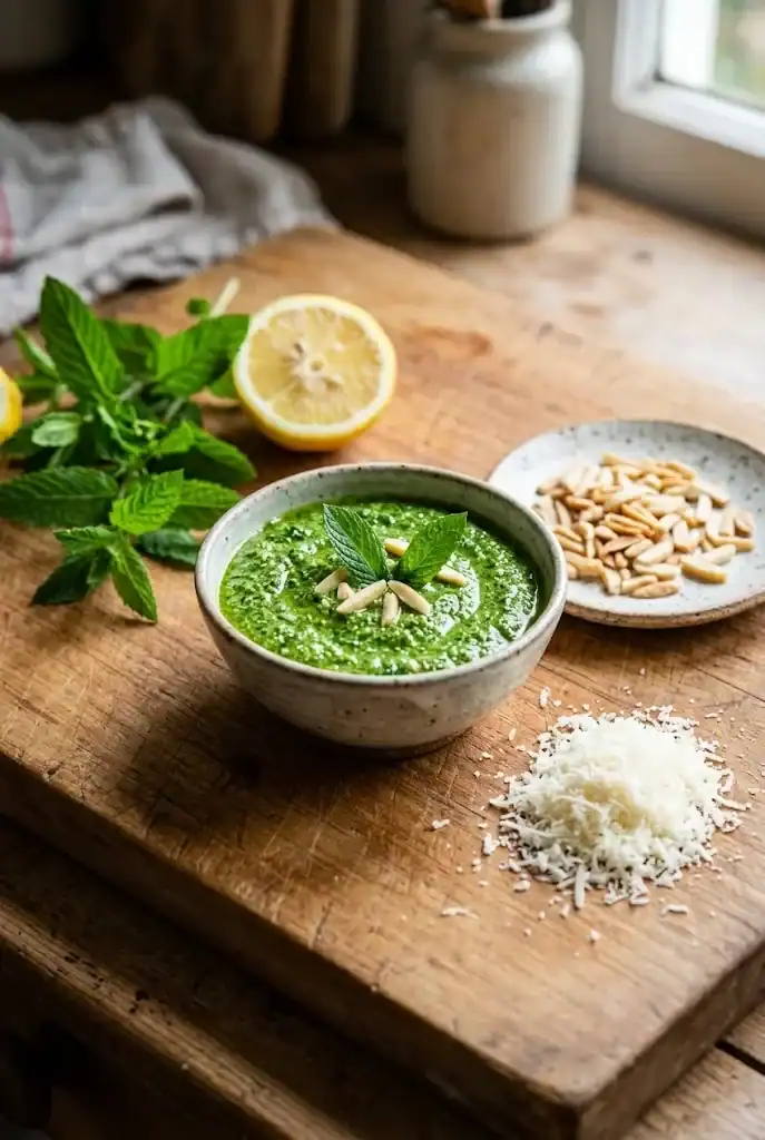 Rustic ceramic bowl of bright green mint pesto with grated parmesan, slivered almonds, fresh spearmint sprigs, and a halved lemon on a wooden cutting board