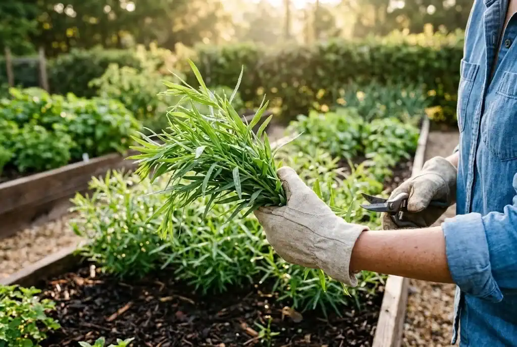 Gardener gathering fresh French tarragon stems in morning light