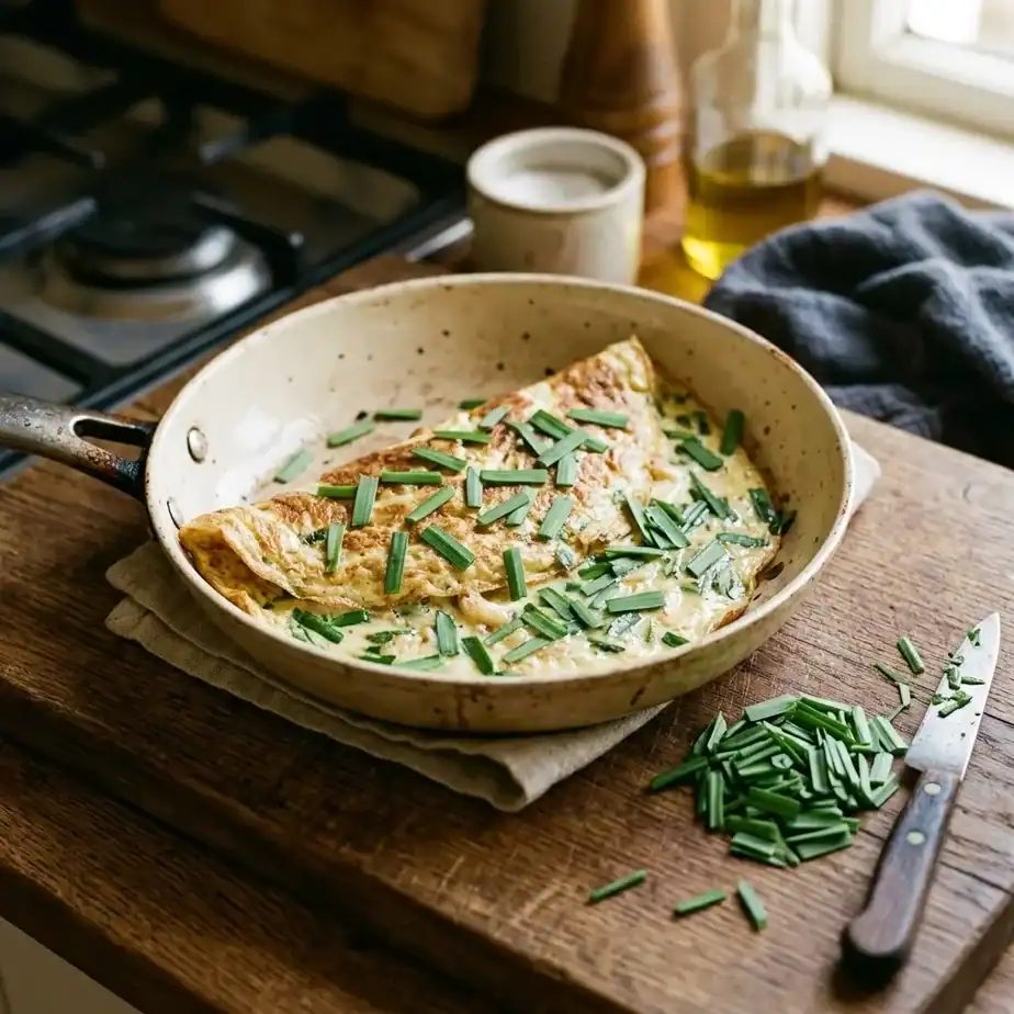 A folded garlic chive omelet in a pan with chopped leaves across the top