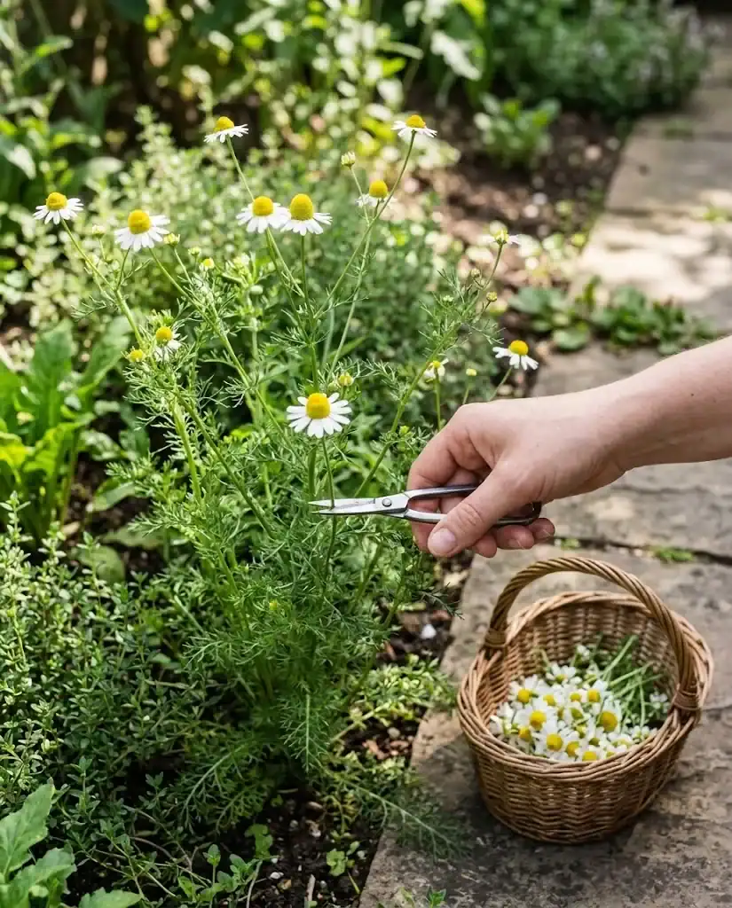 A gardener snips a German chamomile flower head with small pruning snips while a basket of picked blooms rests nearby