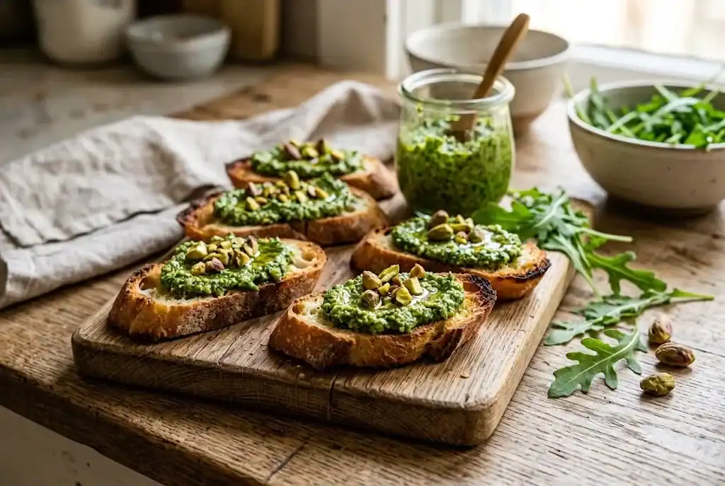 Toasted baguette slices spread with bright green pistachio pesto and topped with chopped pistachios