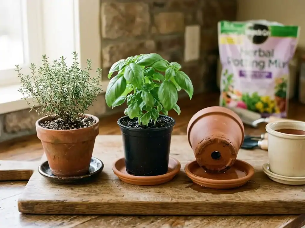 A still-life arrangement of terracotta, plastic, and ceramic pots of thyme and basil on a cutting board, with a clear drainage hole and saucer