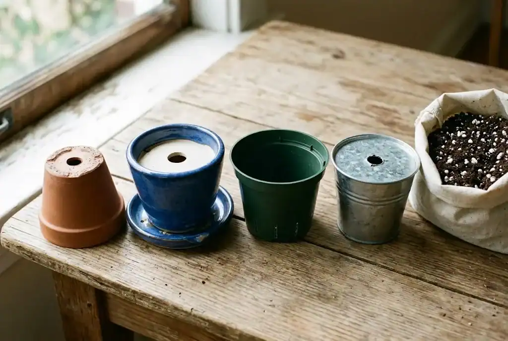 Four empty herb pots and a bag of potting mix on a wooden table, drainage holes visible
