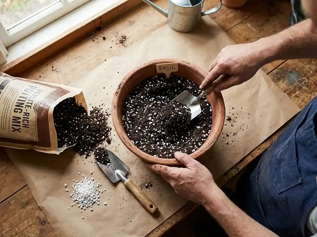 A gardener tipping fresh bagged potting mix into a ten-inch terracotta pot on a kraft-paper covered workbench