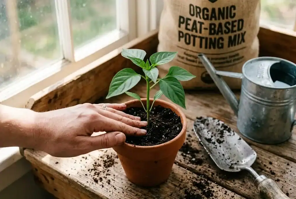 Hand firming compost around a young chili seedling transplanted into a four inch pot on a potting bench