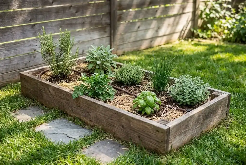 A small wooden raised garden bed in a backyard holding rosemary, sage, thyme, oregano, basil, parsley, and chives