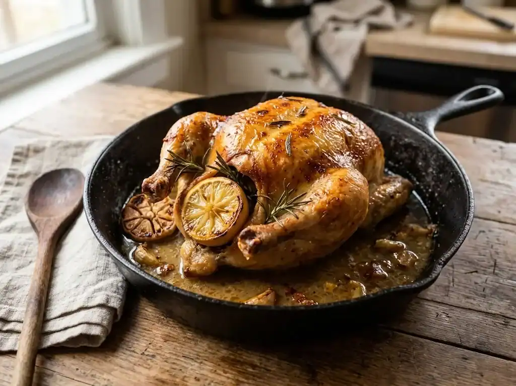 Whole roasted chicken in cast iron pan with halved lemon, garlic, and rosemary in cavity