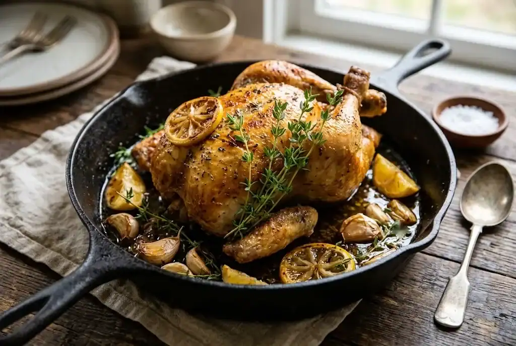 Golden roasted chicken in a cast iron skillet garnished with fresh thyme sprigs and lemon slices