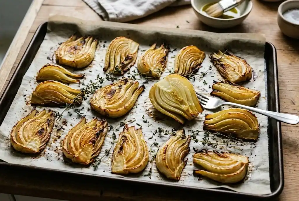 Baking sheet of golden-brown roasted fennel wedges with caramelized edges and thyme sprigs