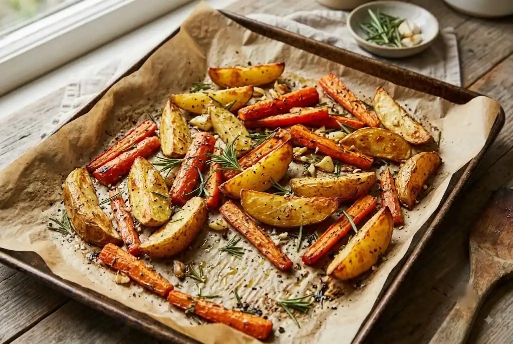 Golden roasted potatoes and carrots seasoned with chopped rosemary and garlic