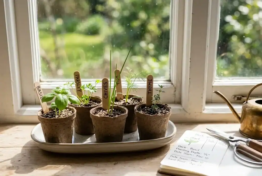 A kitchen windowsill with biodegradable pots of basil, parsley, chive, dill, and thyme seedlings started inside